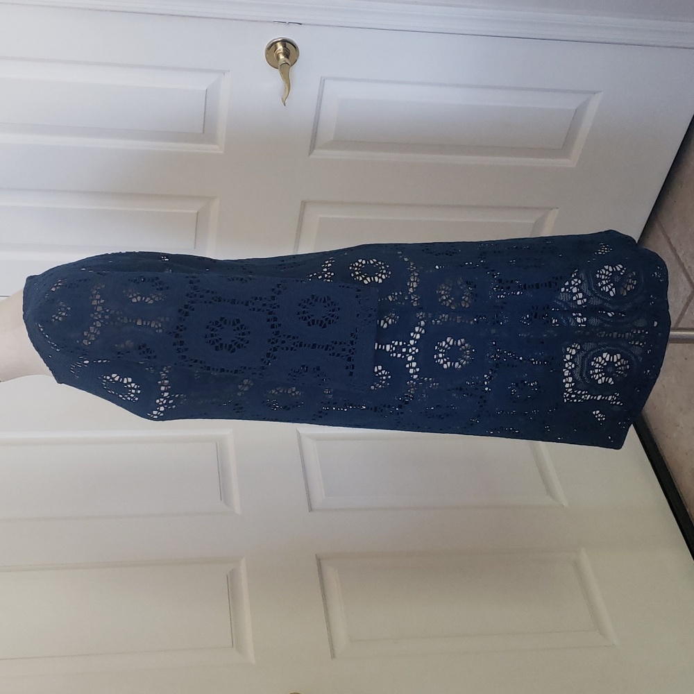 Chico's Camille Crochet Lace Shift Dress Teal Blue Size 1 S Bell Sleeve - Picture 4 of 14